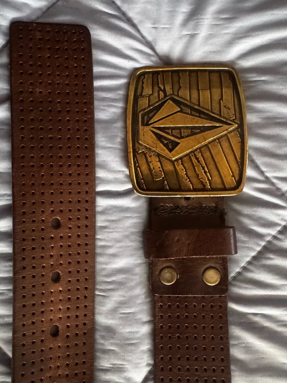 VINTAGE Volcom Brown Perforated Leather Belt with Brass-Tone Emblem Buckle